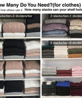 Closet shelves with acrylic dividers organizing folded clothes, showcasing different stacking setups for space efficiency.