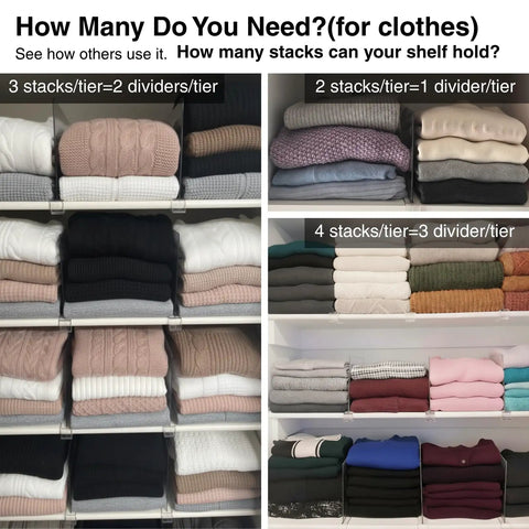 Closet shelves with acrylic dividers organizing folded clothes, showcasing different stacking setups for space efficiency.