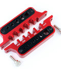 Slick Aluminum Soldering Insulation Station Jig For RC Battery Connectors XT60 XT90 And Banana Plugs, red metal tool with rods and screws.