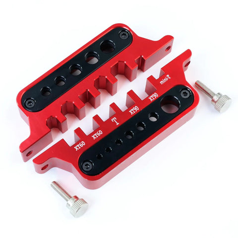Slick Aluminum Soldering Insulation Station Jig For RC Battery Connectors XT60 XT90 And Banana Plugs, red metal tool with rods and screws.