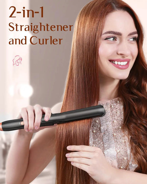 Woman using 5 In 1 Curling Iron Set With Flat Iron for straightening
