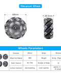 Dimensions of 68mm Mecanum Wheel with omnidirectional rollers for 4WD Robot Car Chassis, showing 68mm diameter and 28.5mm width.