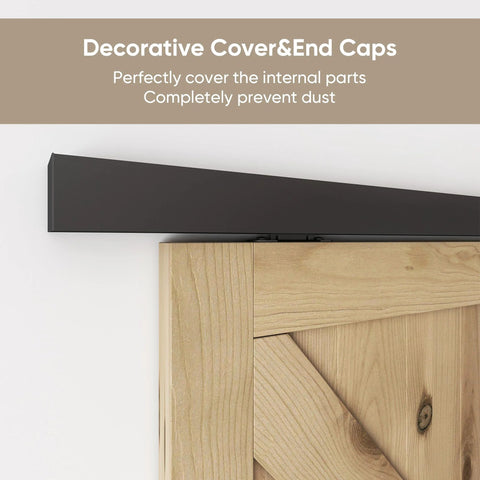 Close-up of Six Foot Sliding Barn Door Hardware Track Kit Aluminum Box Rail Wall Mount Interior Wooden Doors with cover and caps.