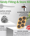 Six Pack Reusable Stainless Steel Nespresso OriginalLine Pods With 100 Lids And Wood Storage Tray Handy Filling Kit
