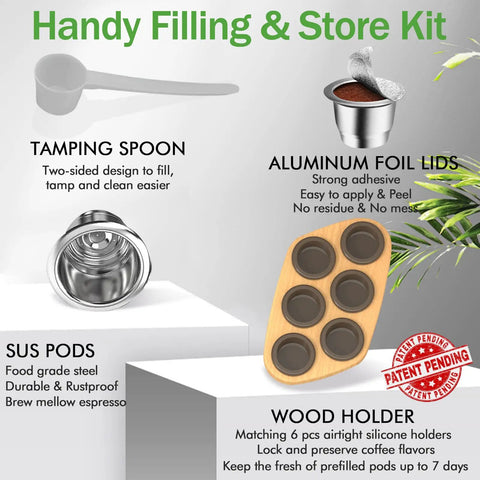 Six Pack Reusable Stainless Steel Nespresso OriginalLine Pods With 100 Lids And Wood Storage Tray Handy Filling Kit