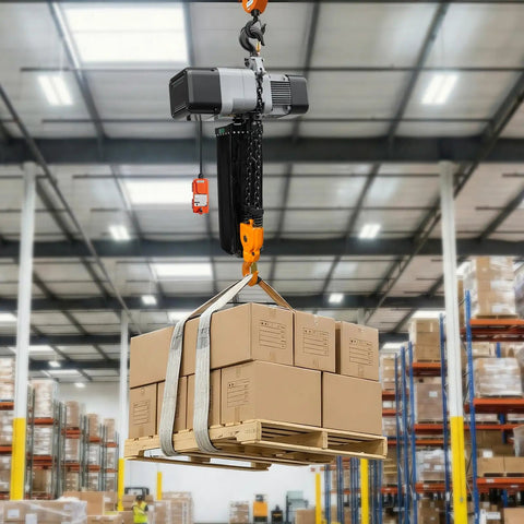 Heavy Duty 11000lb Electric Chain Hoist With Double Chain System And 30ft Lift Height For Overhead Crane lifting a pallet of boxes.