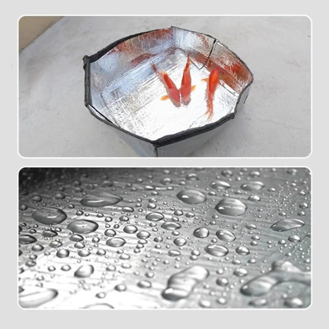 Hella Tough Self Adhesive Butyl Seal Tape With Heat Reflective Aluminum Foil Backing For Roof Leak Fix And Gutter Repair Weatherproof Outdoor Taping No Sweat Quick Patch Pro Grade Setup used as a fish pond with water droplets.