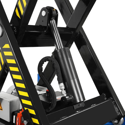 Close-up of hydraulic mechanism on Heavy Duty Wireless Remote Control Electric Hydraulic Lift Table With 2200 Lb Capacity.