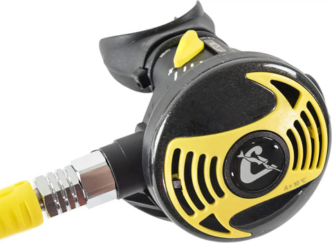 Octopus XS2 Scuba Diving Regulator Second Stage With Downstream Valve, lightweight design, yellow and black finish, close-up view