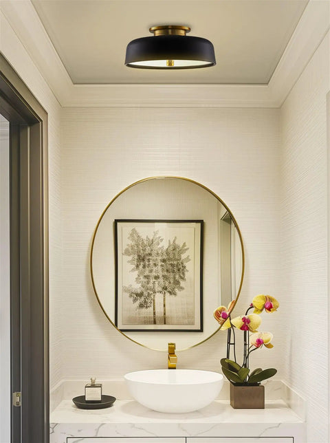 12 Inch Mid Century Modern Black Semi Flush Mount Ceiling Light With Frosted Glass Diffuser 2 Light Low Profile Dome Cool Brass And Black Finish Ideal For Kitchen And Hallway Lighting in a bathroom setting
