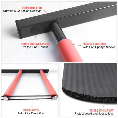 Heavy Duty One Piece Surfboard Wall Rack With Powder Coated Carbon Steel Build Anti Slip Rubber Cradle And Tough Bungee Straps For Secure Garage Organization Holds Up To Six Boards Dope Gear close-up of locking system and anti-slip mat.