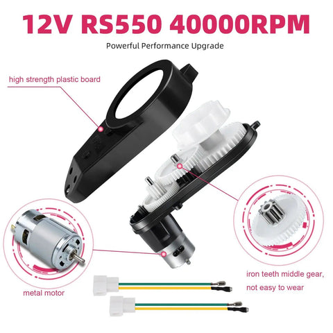 High Speed 12V RS550 Motor Gearbox Pair For Kids Ride On Cars Jeeps ATVs Trucks SUVs 40000RPM Replacement Upgrade showing components