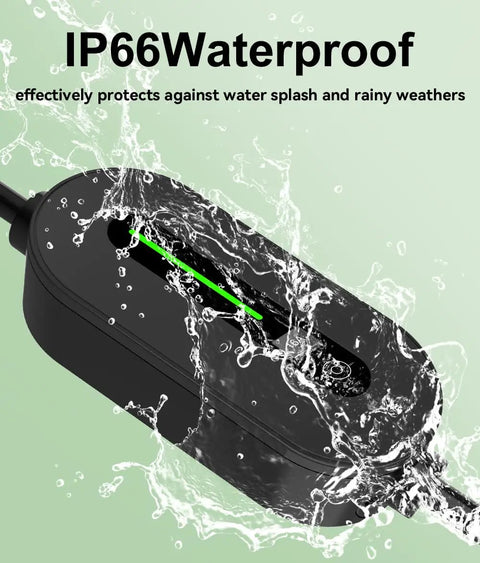 Ultimate Plug And Go Portable EV Charger With Level 1 And 2 Settings splashed with water, showcasing IP66 waterproof features.