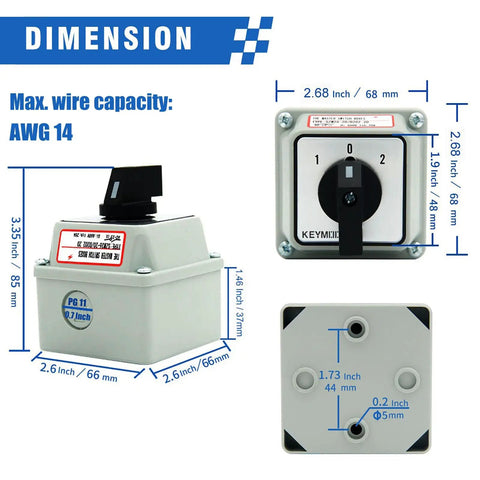 20A Rotary Changeover Switch With Exterior Box On Off On 660V Latching Universal Selector IP65 3 Positions 2 Poles dimensions