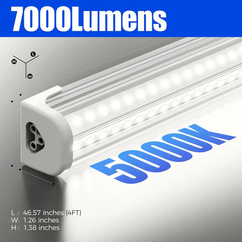 Close-up view of T8 LED Shop Lights For Garage And Workshop 4 ft 50W 7000 Lumens 5000K Daylight White Clear Cover Ceiling Mounted V Shape Fixture