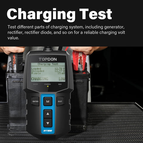 12V Car Battery Tester With 100 To 2000 CCA Load Test Digital Auto Battery Analyzer displaying charging results on screen