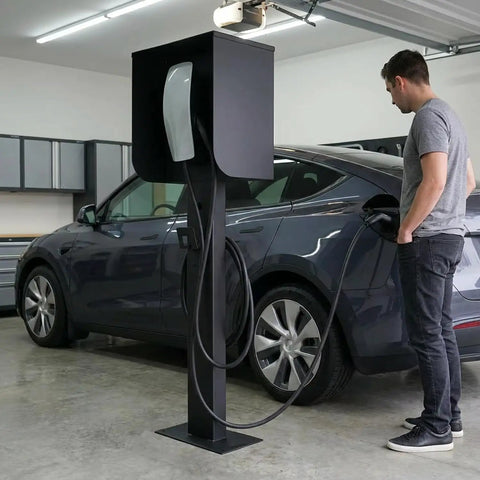 Man using All Weather EV Charger Pedestal With Roof And Side Protection Built To Last Indoor Outdoor Charging Stand in garage