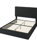 Ultra Legit Comfy Queen Bed Frame With Adjustable Corduroy Headboard And Sleek Black Platform Design For Your Bedroom Glow Up Easy Peasy Setup Solid Build Quality, showing open frame.