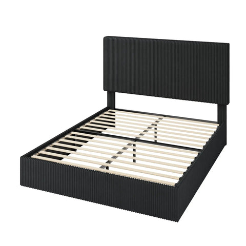 Ultra Legit Comfy Queen Bed Frame With Adjustable Corduroy Headboard And Sleek Black Platform Design For Your Bedroom Glow Up Easy Peasy Setup Solid Build Quality, showing open frame.