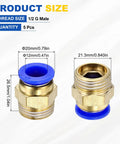 5 Pack Push To Connect Pneumatic Fittings 1/2 G Male Brass Quick Connect For 0.47 Inch OD Tubing Blue, size details shown