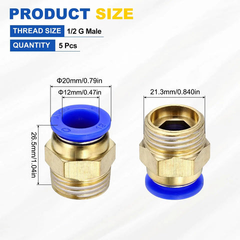 5 Pack Push To Connect Pneumatic Fittings 1/2 G Male Brass Quick Connect For 0.47 Inch OD Tubing Blue, size details shown
