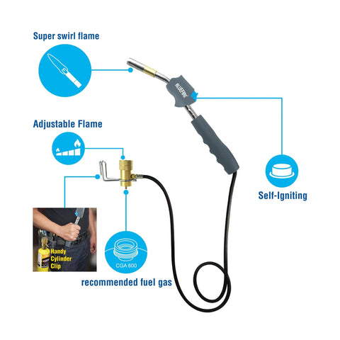 Diagram of Self Igniting 3Ft Hose Gas Welding Torch With Swirl Flame Brass Burn Tube Handy Hanging Clip Compatible With MAPP MAP Pro Propane