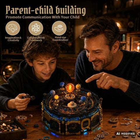 Totally Kid Friendly Solar System Building Kit For Ages 8 To 12 With 967 Pieces STEM Project, father and child building gear-driven orrery