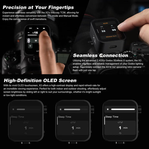 X3C TTL Wireless Flash Trigger for Canon with OLED touchscreen and quick charge feature, showing precision control interface.