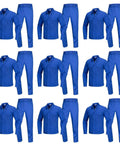Rugged As Nails Jobsite Ready Royal Blue Work Uniforms 9 Pack Long Sleeve Shirts And Pants For Construction Crews Factory Teams Heavy Duty Breathable Fabric Fit displayed in grid layout.