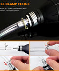 Hose clamp fixing details for No Sweat Manual Gas Siphon Pump with heavy duty dual PVC hoses for secure operation.
