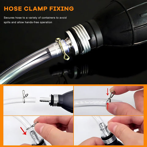 Hose clamp fixing details for No Sweat Manual Gas Siphon Pump with heavy duty dual PVC hoses for secure operation.