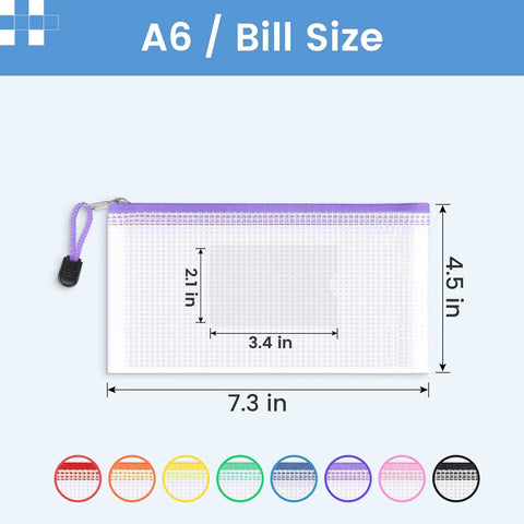 24 Pack Mesh Zipper Pouches With Label Pocket A6 clear pencil cases, purple zipper, dimensions shown, multiple colors available