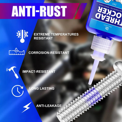Front view of Thread Lock Kit (272 & 243); blue bottle dispensing onto a silver threaded bolt