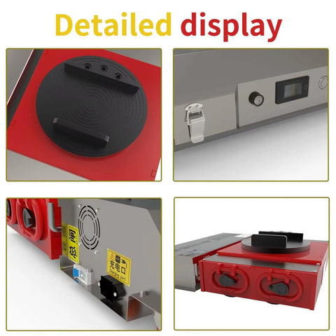 Heavy Duty Electric Cargo Trolley 360 Degree Rotary Machine Dolly control panel with charging port and safety features.