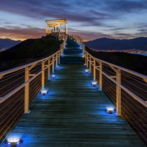 Scenic walkway illuminated by 12 Pack Outdoor Solar Lights Waterproof Landscape Pathway Garden Lights with ground disk design at dusk.