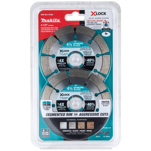 X-Lock 4-1/2 Inch Segmented Diamond Masonry Blade, 2-Pack, clear package showing two blades with labels and specs