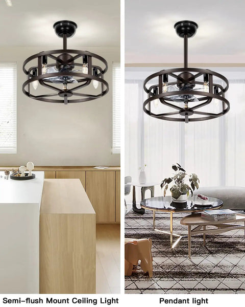 20 Inch Caged Bladeless Ceiling Fan With Light shown in a living room and kitchen setting, highlighting flush and pendant mounting options.