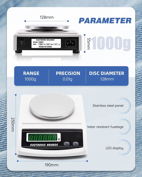 Electronic Fabric GSM Scale With 0-2mm Disc Sampler for textiles, digital weight balance, 1000g capacity, dimensions displayed