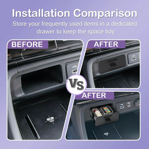 Installation comparison of Center Console Organizer Tray For Honda Pilot 2023 2024 2025 2026 And 2026 Passport, before and after setup