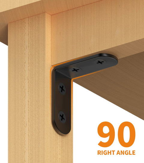 Black Stainless Steel L Brackets Set of 18 With 72 Screws Storage Tin right angle brace installed on wooden shelf