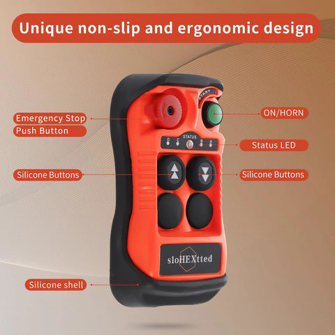 Front view of orange two-channel wireless crane remote with silicone buttons, emergency stop and status LED.