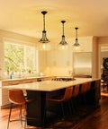 Rustic Farmhouse Round Pendant Light With Clear Glass Shades For Dining Room And Kitchen Island, Black Finish, 17 Inch