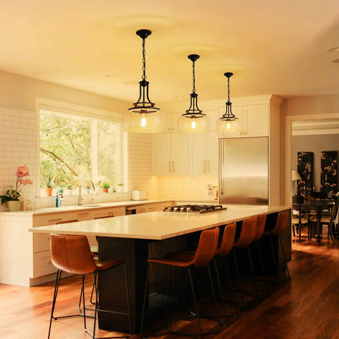Rustic Farmhouse Round Pendant Light With Clear Glass Shades For Dining Room And Kitchen Island, Black Finish, 17 Inch