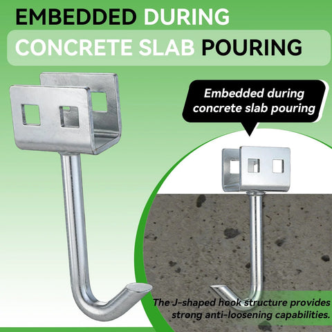 4 Pack Heavy Duty J Hook Concrete Anchors For Wet Concrete Mobile Home Tie Down Straps Secure Foundation With Embedded Installation And High Holding Power Designed For Permanent Installation In Wet Concrete For Mobile Home And Trailer Foundations shown embedded in concrete slab during pouring.
