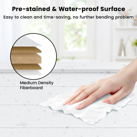 Close-up of a hand wiping a water-proof surface made of Medium Density Fiberboard, showcasing easy-clean feature.