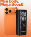 Straight Fire Heavy Duty Cordless Tire Inflator With Analog Pressure Gauge 150 Psi, compact black pump next to an orange phone.