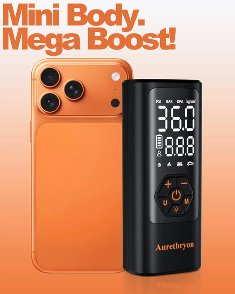 Straight Fire Heavy Duty Cordless Tire Inflator With Analog Pressure Gauge 150 Psi, compact black pump next to an orange phone.