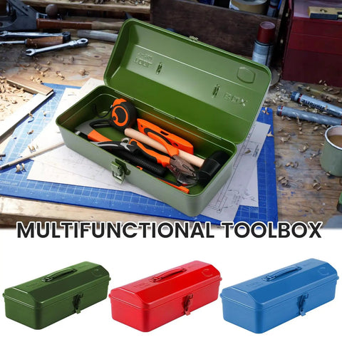 Portable Metal Tool Box With Multi Compartment Organizer, Iron Construction, Secure Locking, Anti Rust Coating, Built Tough