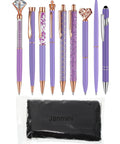 9 Piece Ballpoint Pen Set With Metal Crystal Diamond Glitter Ink For Journaling Purple Pens For Home Office Desk Dope Stationery Gift For Women And Girls displayed in a row with black carrying case