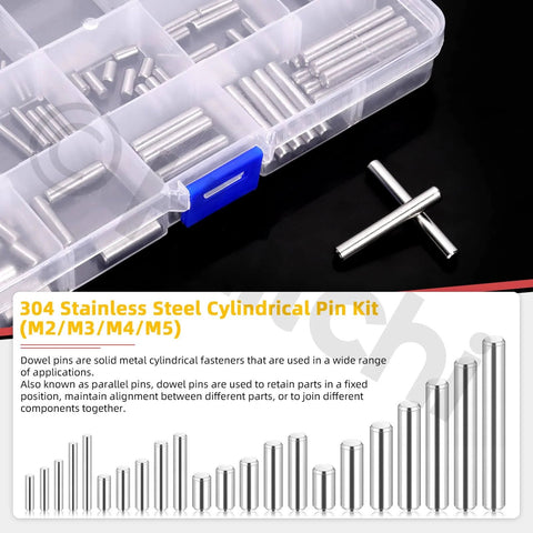 110 Piece Dowel Pin Set M2 M3 M4 M5 304 Stainless Steel Cylindrical Shelf Peg Pins in organizer box